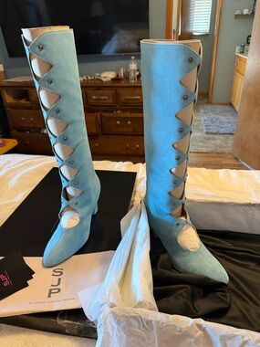 SJP by Sarah Jessica Parker Sky Blue Suede Lace-Up Knee Boots with Cream Cutouts
